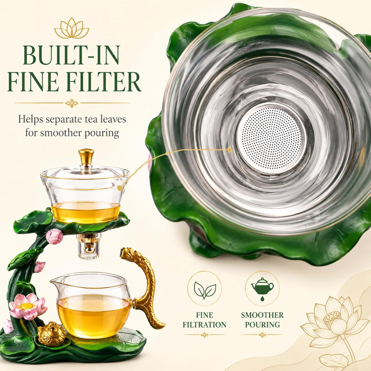 Glass Teapot with Infuser Chinese Gongfu Tea Set,6 cups,Magnetic Semi Automatic Design for Loose Leaf Tea