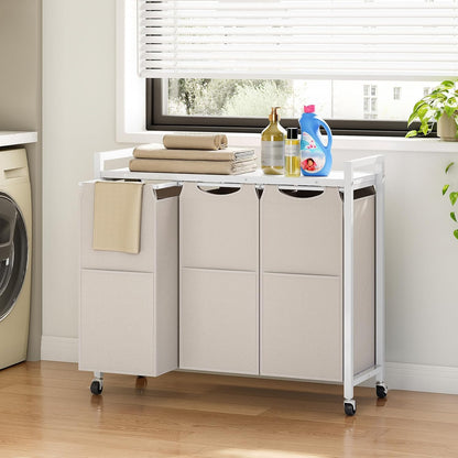 HOOBRO Laundry Sorter 3 Section, Laundry Hamper with Wheels, 3 × 11.5 Gal (43.4L), Rolling Laundry Basket, Pull-Out and Removable Oxford Fabric Laundry Bags, Rustic Brown and Grey BFG76XY01