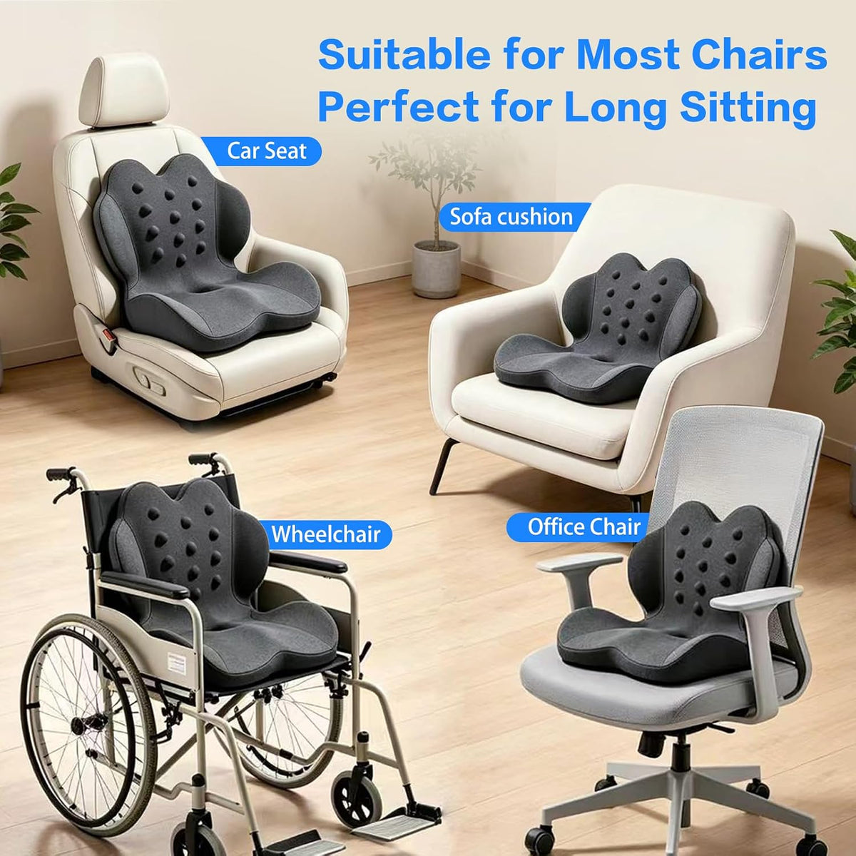 Memory Foam Seat Cushion with Lumbar Support for Sciatica & Tailbone Pain Relief, Fit Office Chair, Wheelchair, Car Seat, Airplane, Long Sitting Workers & Drivers (Gray)