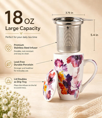AmorArc Tea Cup With Infuser and Lid, 18oz Loose Leaf Tea Mug With Steeper | Porcelain Tea Mug With Infuser and Lid, Strainer Tea Cup for Tea Lovers, Home & Office, Housewarming Birthday Gift