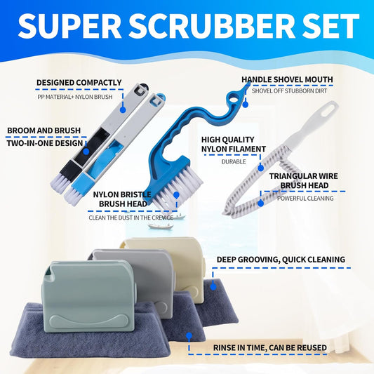 Window Track Cleaner Tool Set, 13 Pcs Magic Window Sill Cleaning Tools Kit with Groove Cleaning Brush for Door Tracks, Tile Lines, Shutter, Car Vents