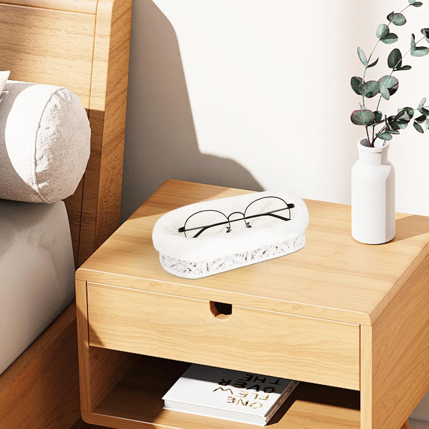 Glasses Holder, Anti-scratch Plush Lined Eyeglass Holder Stand | Oval Eye-glasses Storage Organizer Case for Nightstand, Office Desk, Bedside Table, Beige