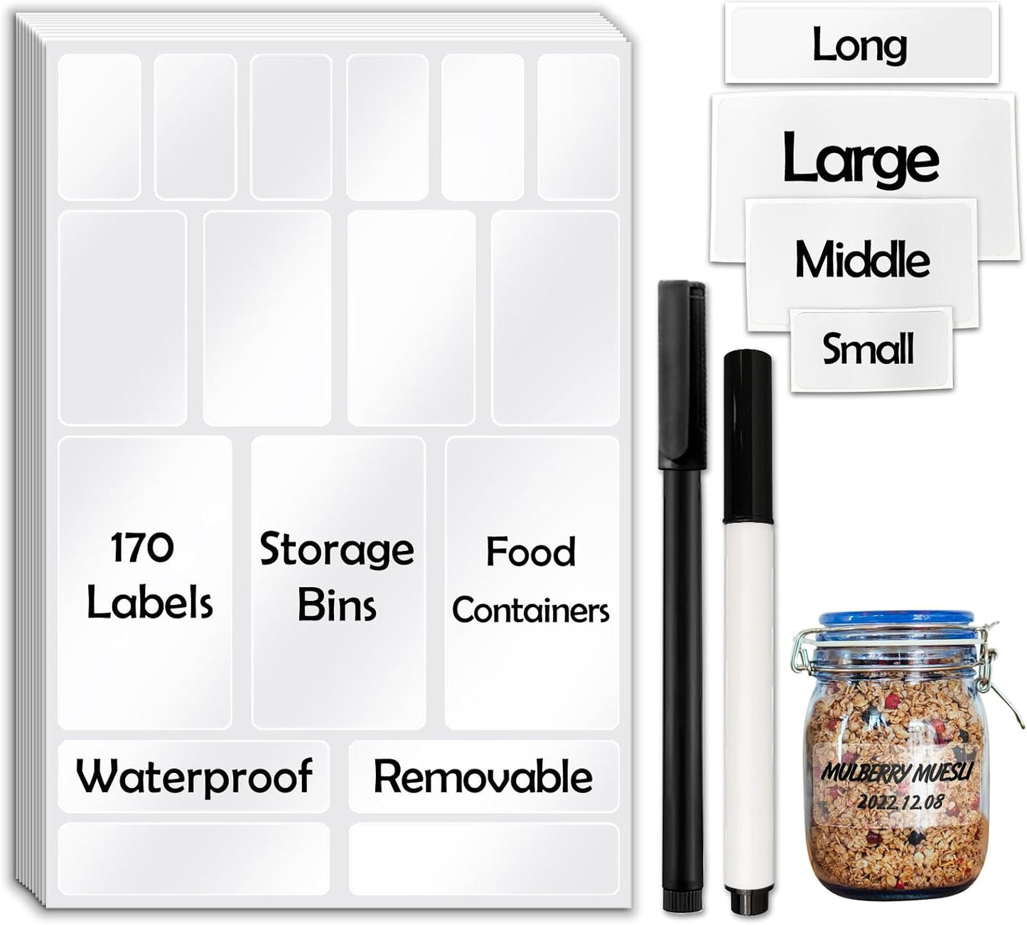 JIEHENG 170Pcs White Removable Labels for Jars with 2 Liquid Chalk Marker | Easy peel off,Self Adhesion Labels stickers for Storage Bins,Food Containers