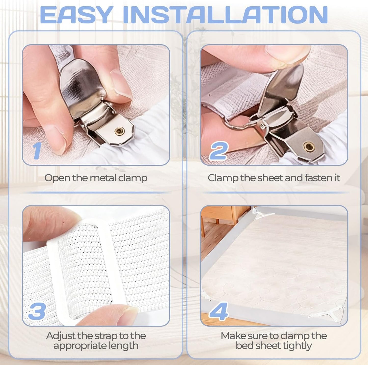 4PCS Bed Sheet Holder Straps,Heavy Duty Non Slip Sheet Clips,Bed Sheet Holder,Straps Fitted Sheet Holders for Corners,Easy to Install Adjustable Elastic Fastener (Black)