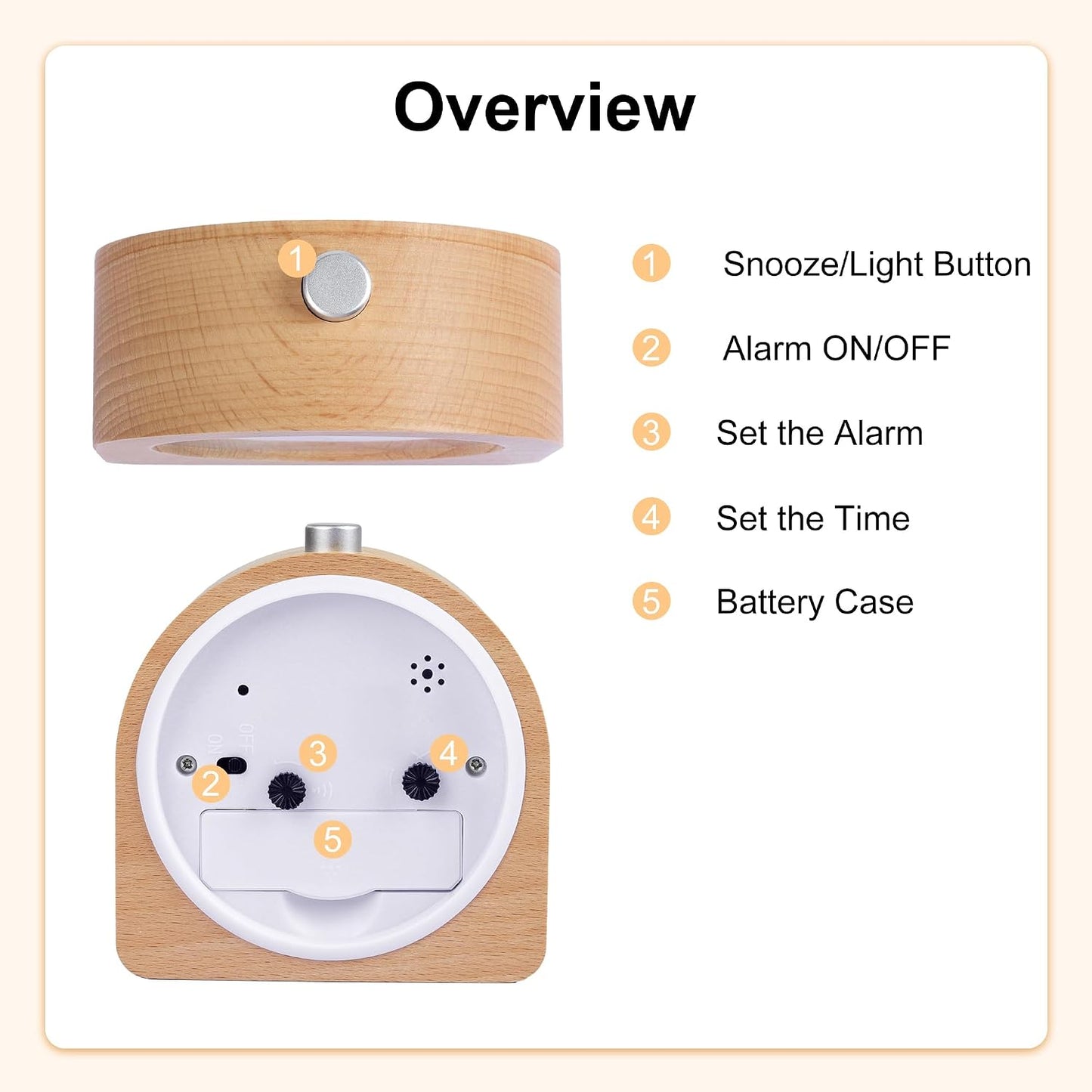 Lafocuse Silent Bedside Alarm Clock, Wood Frame Analog Alarm Clock with Snooze, Nightlight Function, Desk Table Clocks for Bedroom Home Kitchen