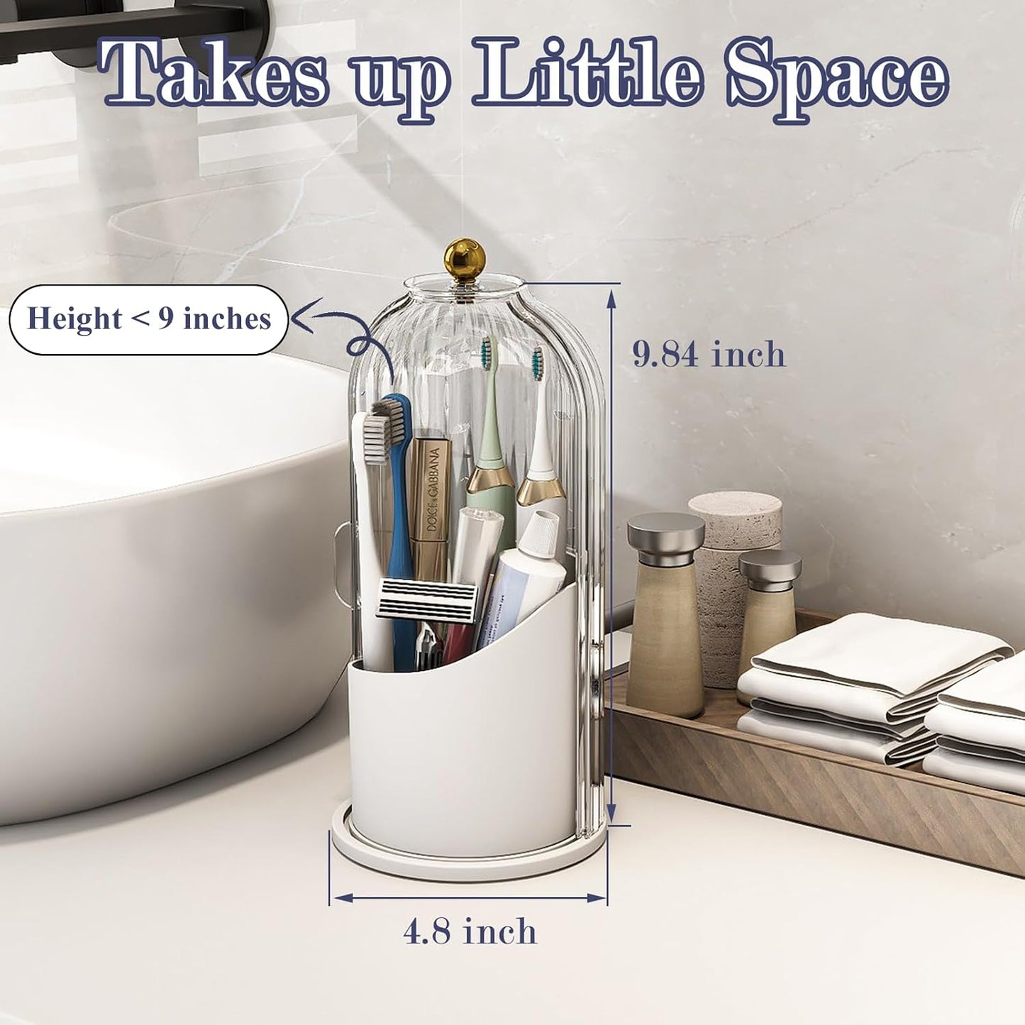 Toothbrush and Toothpaste Holders with Cover, Grey White | Waterproof and Dustproof, 360° Rotating Base, Smooth Sliding Door, 3 Slots, for Bathroom Countertop