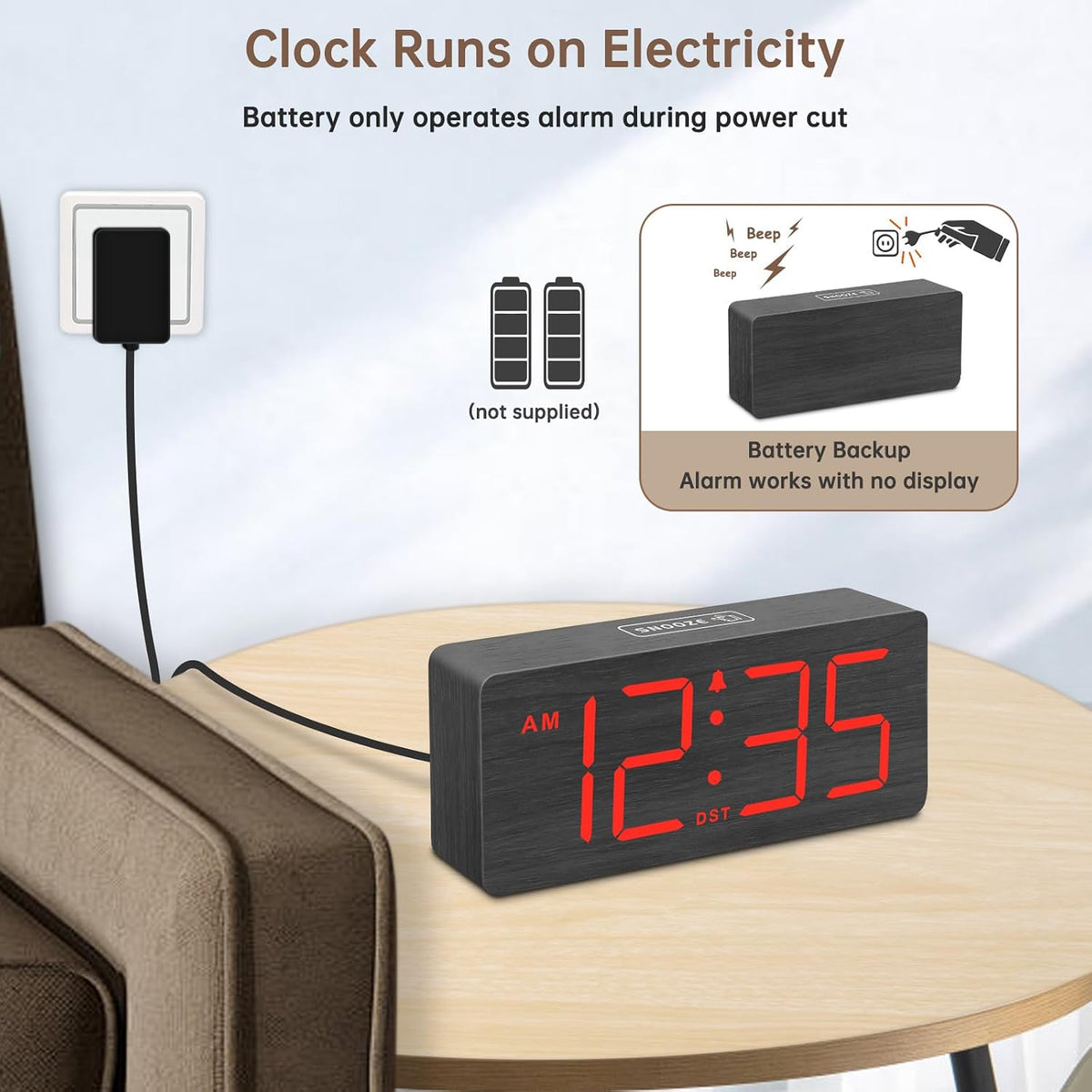 DreamSky Wooden Digital Alarm Clock for Bedroom with Large Numbers