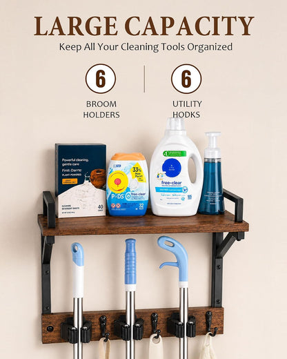 Lorbro Broom Holder Wall Mount with Cleaning Supplies Storage, Heavy Duty | 3 in 1 Broom and Mop Organizer Wall Hanging, Wooden Mop Organizer Hanger, Storage Shelves for Laundry Room, Garage