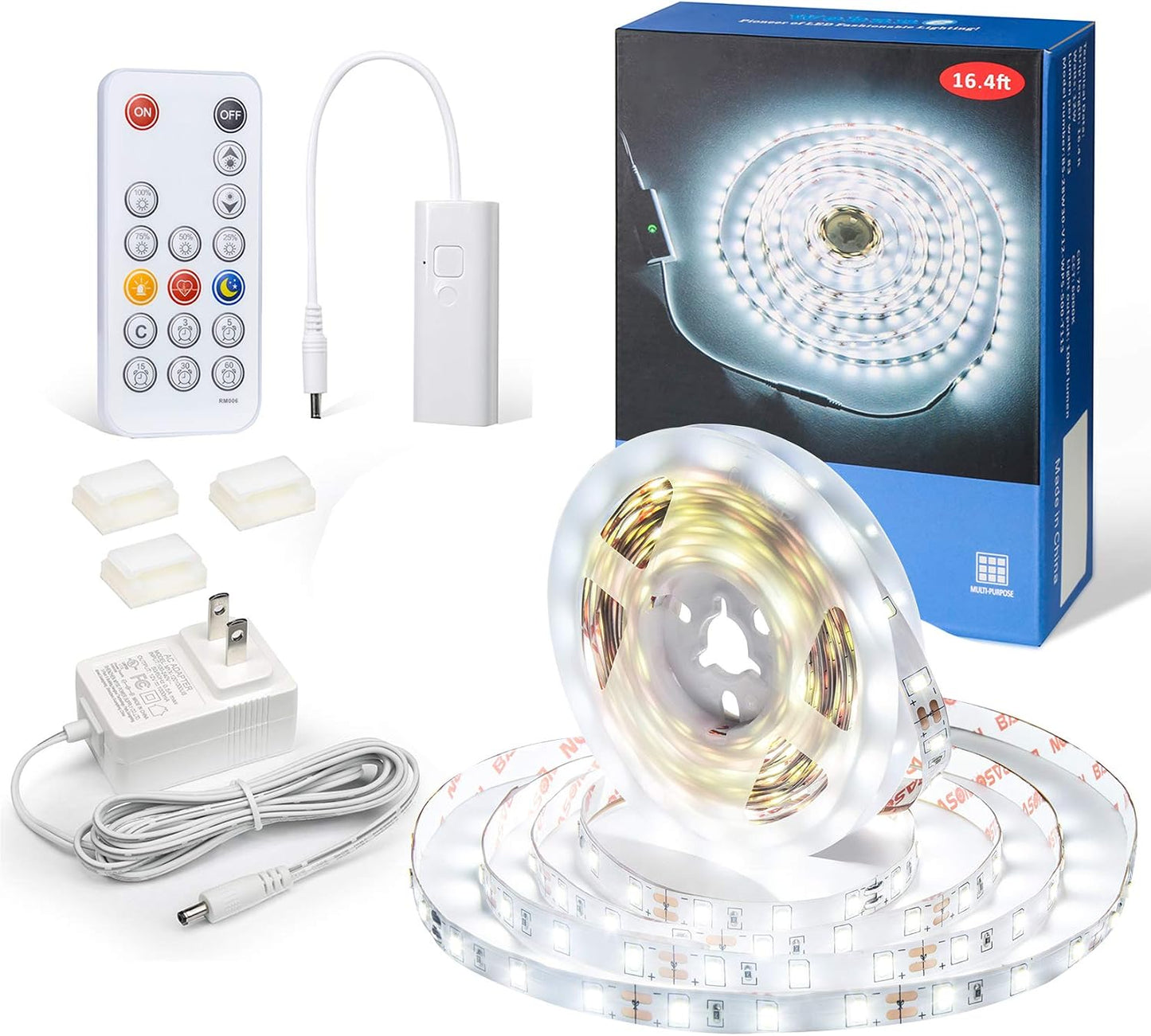 WOBANE 16.4ft Motion Sensor LED Strip with Remote,Warm White Tape Lighting | Dimmable LED Strip Lights for Kitchen, Under Cabinet, Bedroom, Shelf, Bed, PIR Function,Night Light,Adapter,3000K Warm White