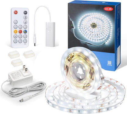 WOBANE 16.4ft Motion Sensor LED Strip with Remote,Warm White Tape Lighting | Dimmable LED Strip Lights for Kitchen, Under Cabinet, Bedroom, Shelf, Bed, PIR Function,Night Light,Adapter,3000K Warm White