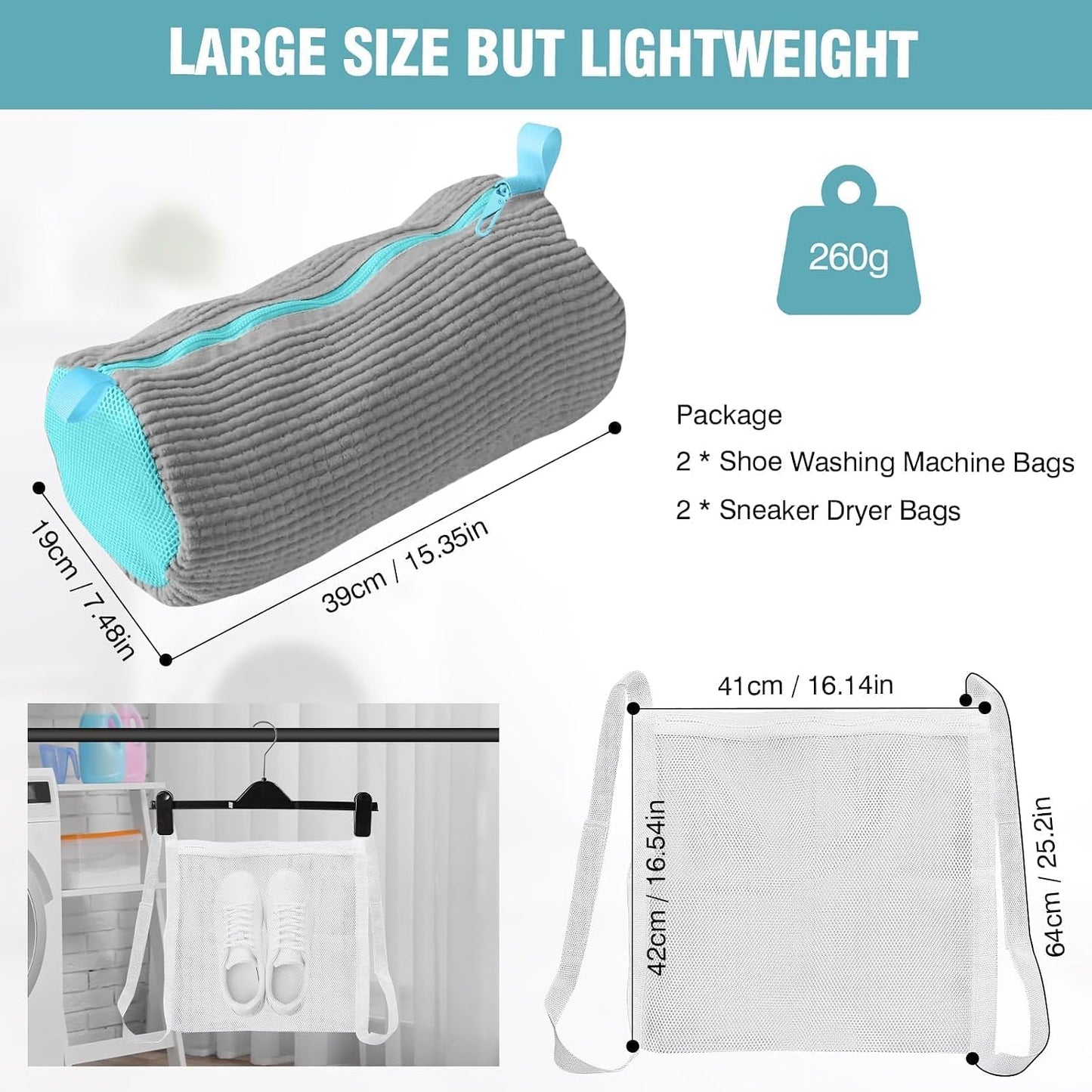 Shoe Washing Machine Bag, Shoe Laundry Bag for Washer and Dryer | 2 Pack Shoe Cleaning Bag for Sneakers & Tennis Shoes, XXL Size, Shoe Protection, Dry Bags, Zipper Hook, Travel & Dorm Storage