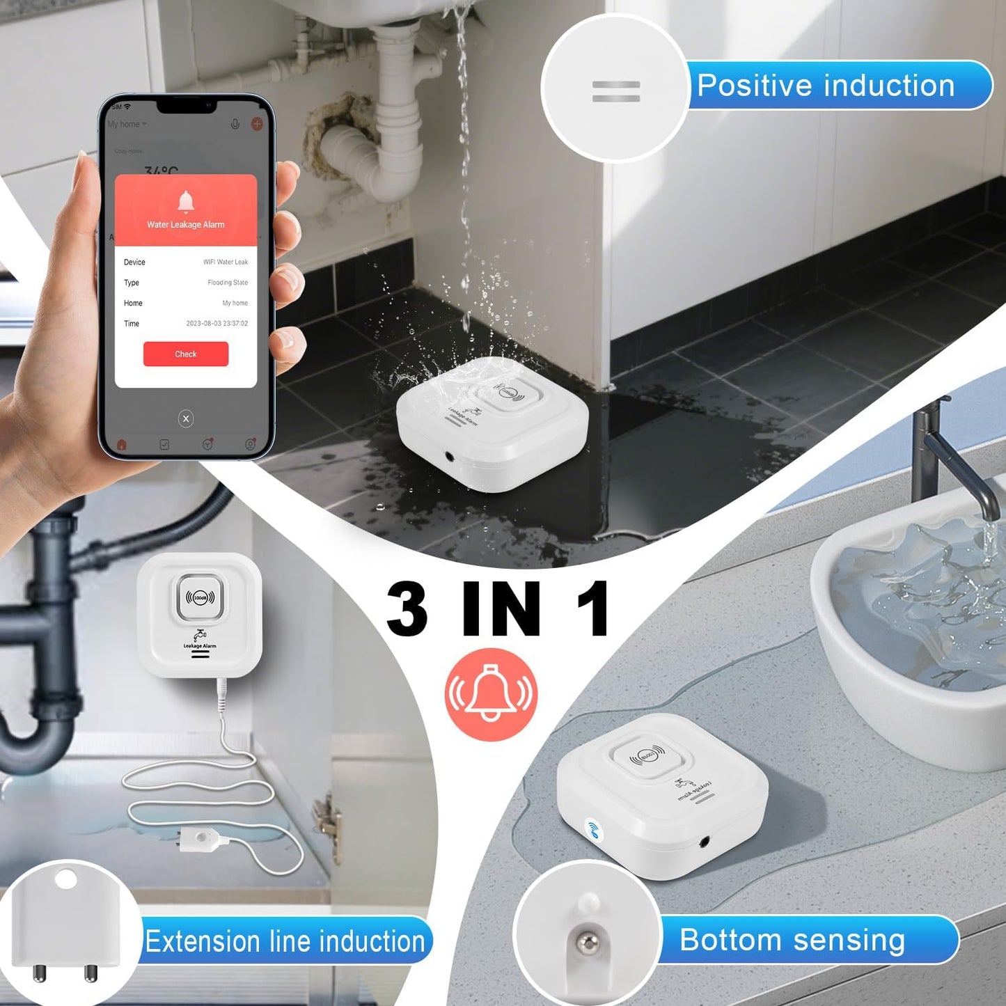 WiFi Water Leak Detectors 100dB Smart Water Sensor Alarm with 3.22 ft Sensor Cable Triple Detection Mode, with App Remote Monitor, Wireless Tank Level Monitor for Basement, Kitchen, Bathroom (3pack)