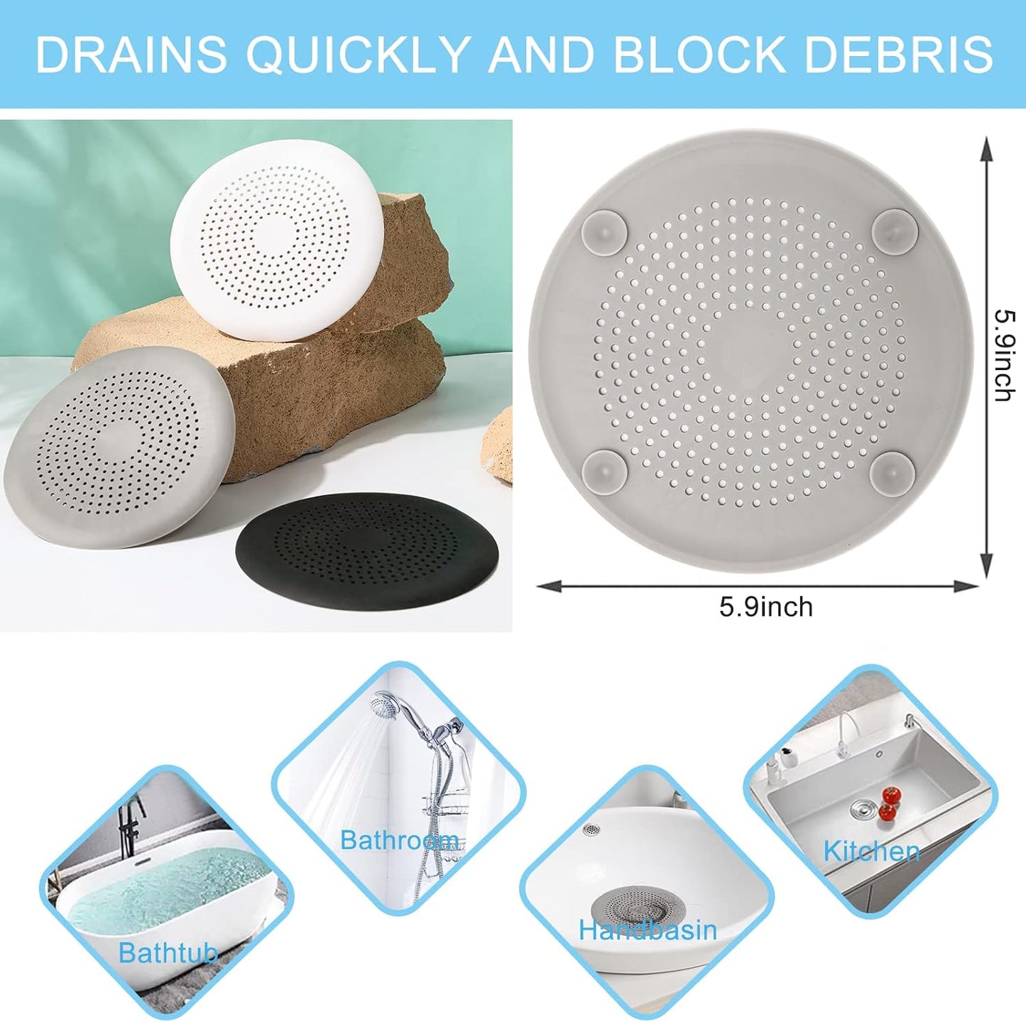 2 Pack Shower Drain Hair Catcher, Silicone Drain Cover with Suction Cup,Shower Drain Protector Drain Strainer Hair Stopper for Kitchen Bathroom Bathtub Sink(New Black 2Pack)