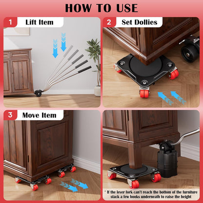 Heavy Duty Furniture Movers with 5-Wheel Dollies, Furniture Dolly Set with Lifter & Base, 360° Swivel Casters, Non-Slip Pads, Up to 2000 lbs Load Capacity