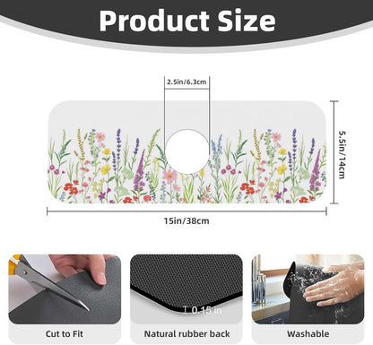 Wildflowers Floral Flower Kitchen Sink Splash Guard Faucet Mat Super Absorbent Fast Drying Mat Sink Gadgets-Fast Drying Pad Sink Mat For Kitchen Bathroom (15" X 5.5" )
