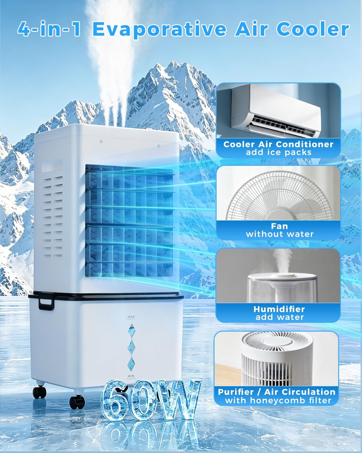 Evaporative Air Cooler, 3-in-1 Portable AC Tower Fan Air Conditioner with 4 Modes & 3 Speeds, 24H Timer, Remote 60°Oscillating Tower Fan, Quiet Swamp Cooler, Tower AC for Bedroom Office, 36inch, Black