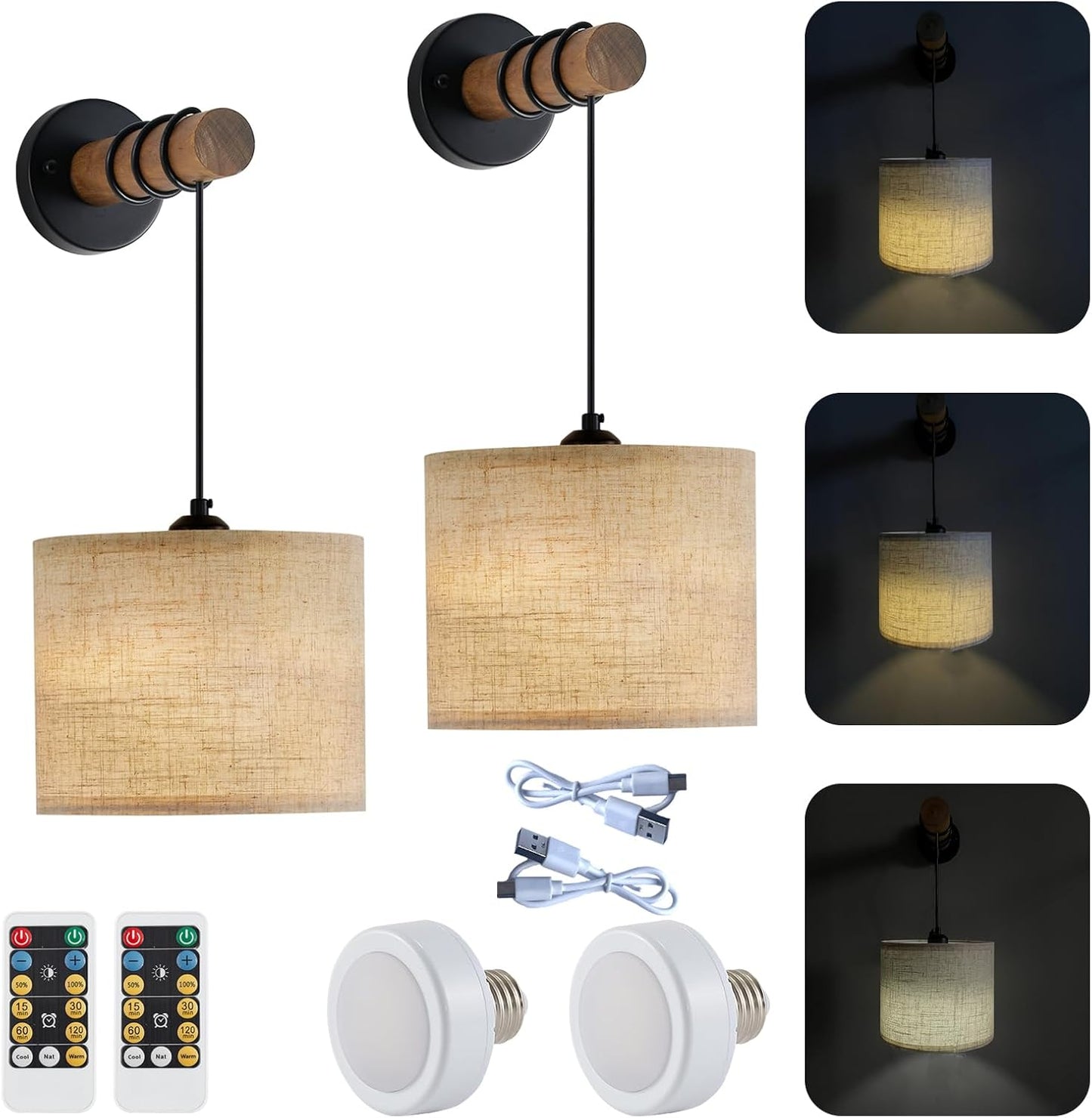 XSDeTu Battery Operated Wall Sconce with Remote, Rechargeable Battery Powered Wall Light, 3 Colors Dimmable Wall Mounted Lights, Adjustable Lamp for Bedroom Bedside, Wooden Arm, Fabric Shade, 2 Pcs