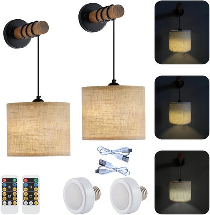 XSDeTu Battery Operated Wall Sconce with Remote, Rechargeable Battery Powered Wall Light, 3 Colors Dimmable Wall Mounted Lights, Adjustable Lamp for Bedroom Bedside, Wooden Arm, Fabric Shade, 2 Pcs