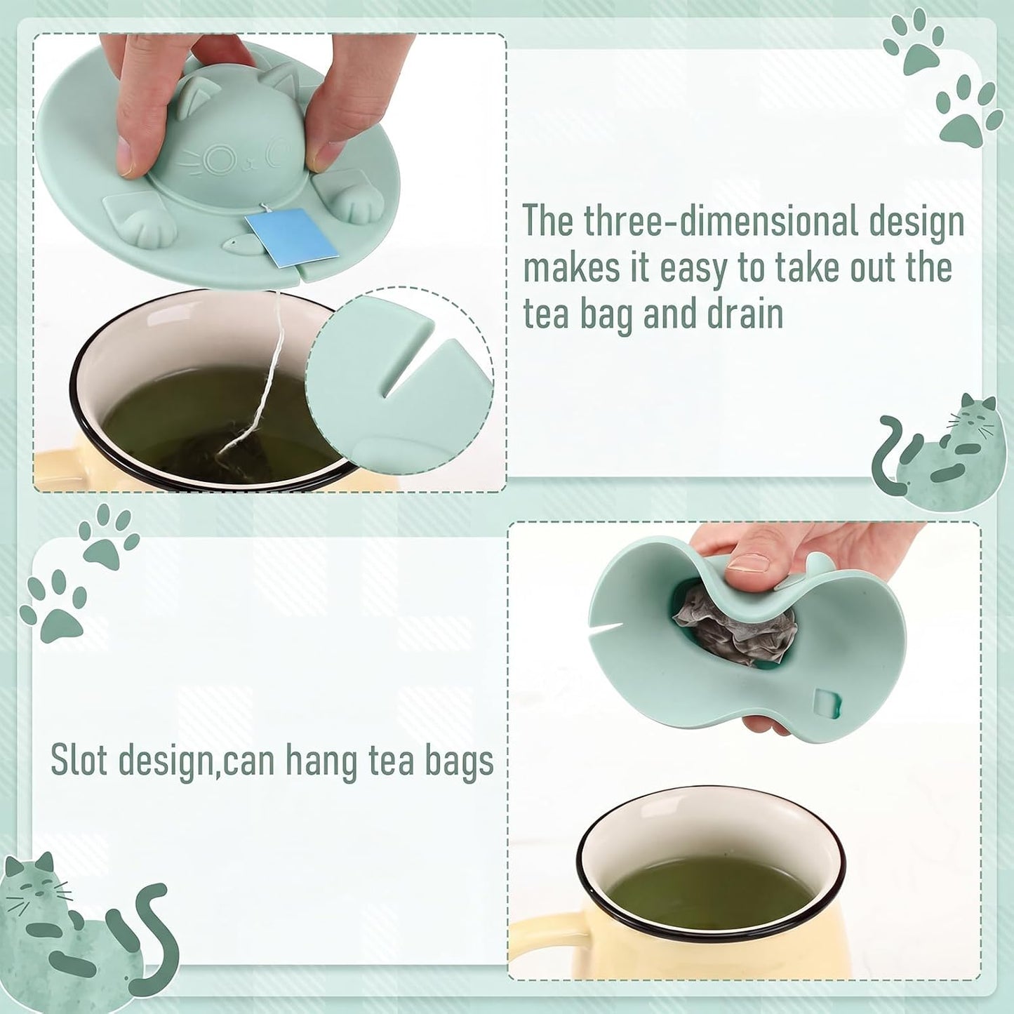 4 Pcs Tea Bag Squeezer 4 Inch Silicone Tea Bag Holder & Squeezer Dishwasher Safe Purple Cute Cat-shaped Cup Silicone Lids Warm Cover Supplies