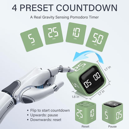 Rotating Pomodoro Timer 5, 25, 10 50 Minutes Preset, Desk Productivity Flip Timer, ADHD Tool Cube Countdown Stopwatch, Vibration/High/Low Volume/Custom Modes, for Work, Study, Back to School, Kitchen
