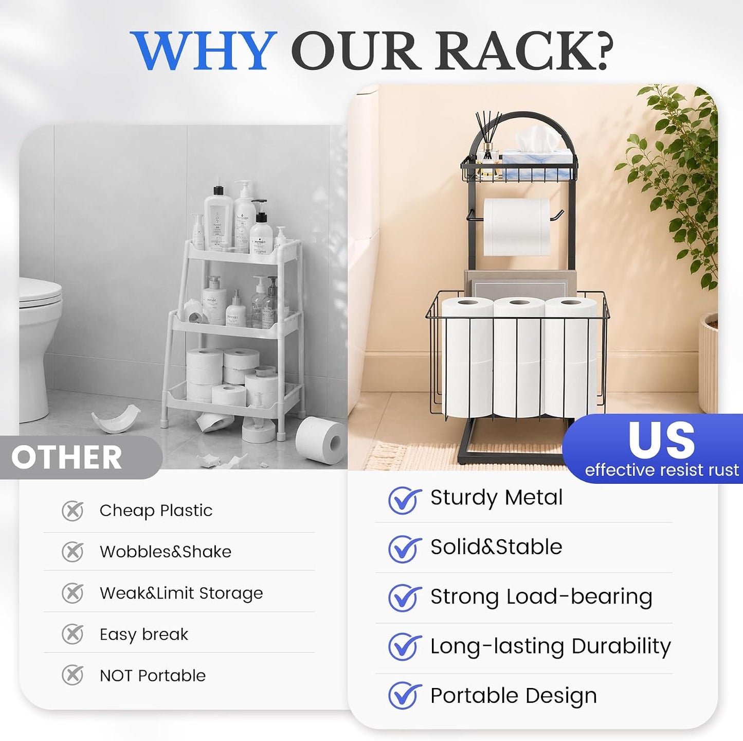 Toilet Paper Holder Stand Freestanding with Storage Basket for Bathroom | Freestanding Toilet Paper Stand for Bathroom,Heavy Duty Tissue Roll Holder Rack with Top Shelf for Organizer,black