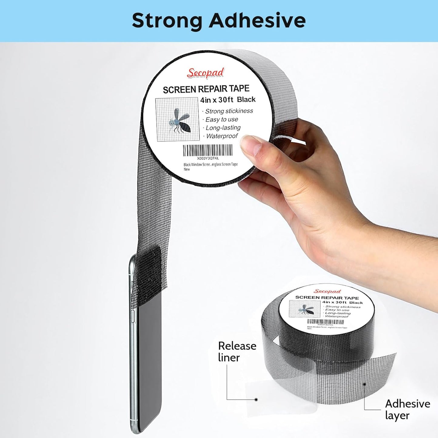 Secopad 4" x 360" (30FT) Screen Repair Tape, Screen Repair Kit, Grey | Window Screen Patch, Quick Repair, Strong Adhesive, Easy to Use, For Mesh Window & Door, Cuttable Fiberglass, No Tools Needed