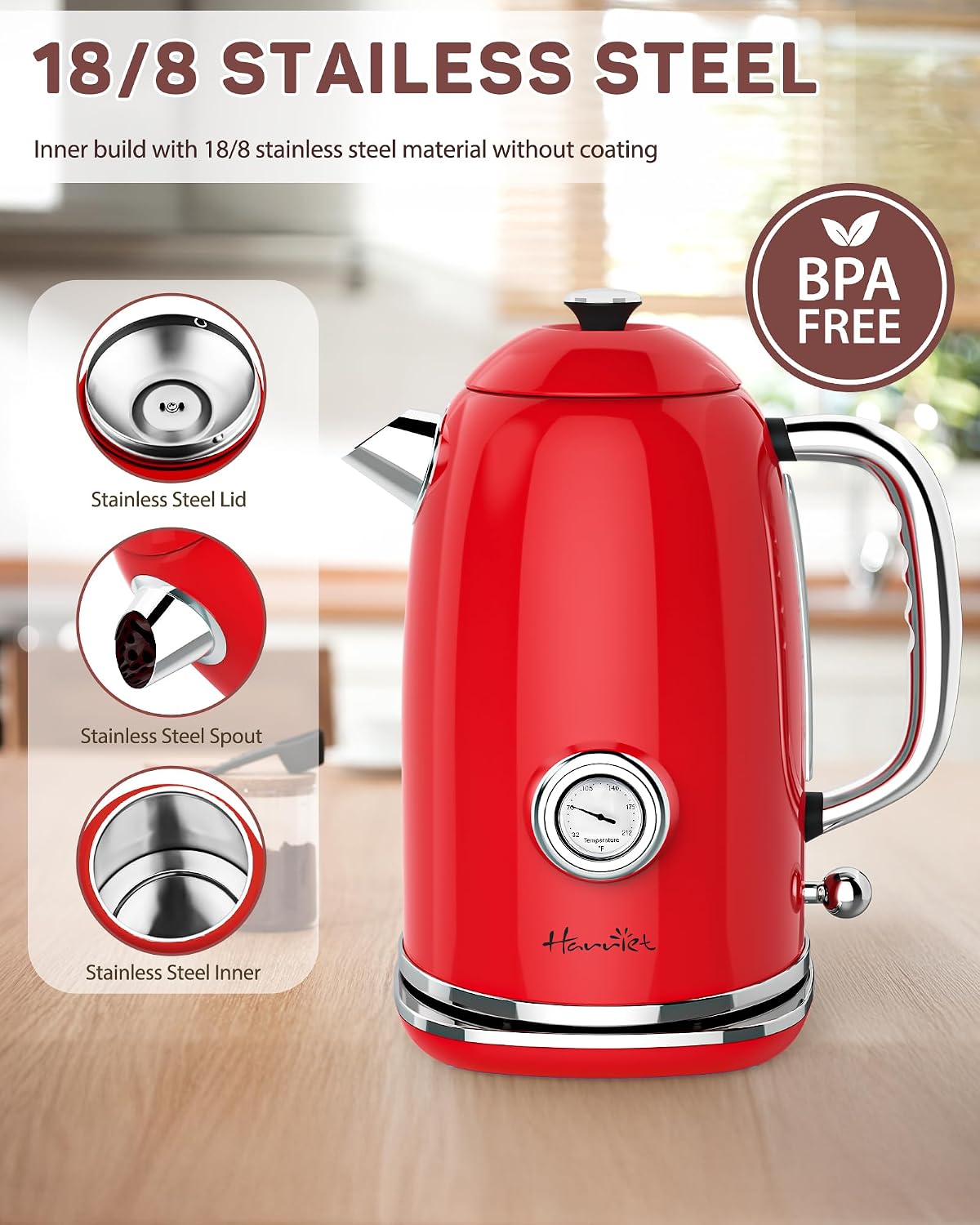 Harriet Electric Kettle, 1.8L Retro Electric Tea Kettle with Thermometer, 1500W Stainless Steel Hot Water Kettle Electric with LED Indicator, Fast Boiling, Cordless, Auto Shut-Off, Yellow
