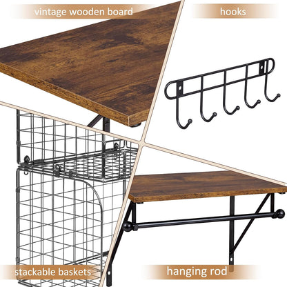 Laundry Room Shelves Wall Mounted with Wire Baskets, Over the Washer and Dryer Shelf with Clothes Drying Rack, Wire Shelves Baskets for Laundry Closet Organization and Storage, Wood+Metal, Black