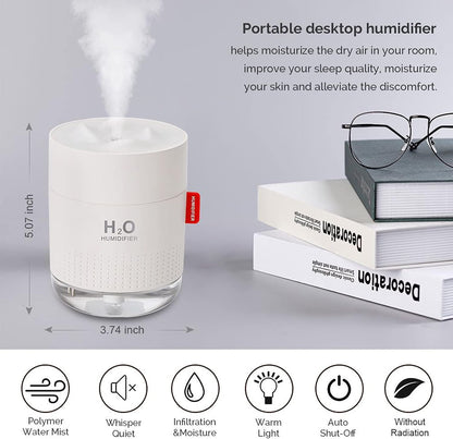 Portable Mini Humidifier, 500ml Small Humidifier for Bedroom Travel, White | USB Personal Cool Mist Humidifier for Baby Room Office Desk Home Plants, Auto Shut-Off, 2 Mist Modes, Super Quiet