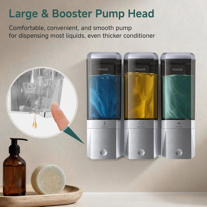 Shampoo and Conditioner Dispenser 3 Chamber No Drill Shampoo Dispenser for Shower Wall Mounted Shower Soap Dispenser 3 * 500ml Refillable Shower Dispenser for Bathroom Hotel(Black 3 Chamber)