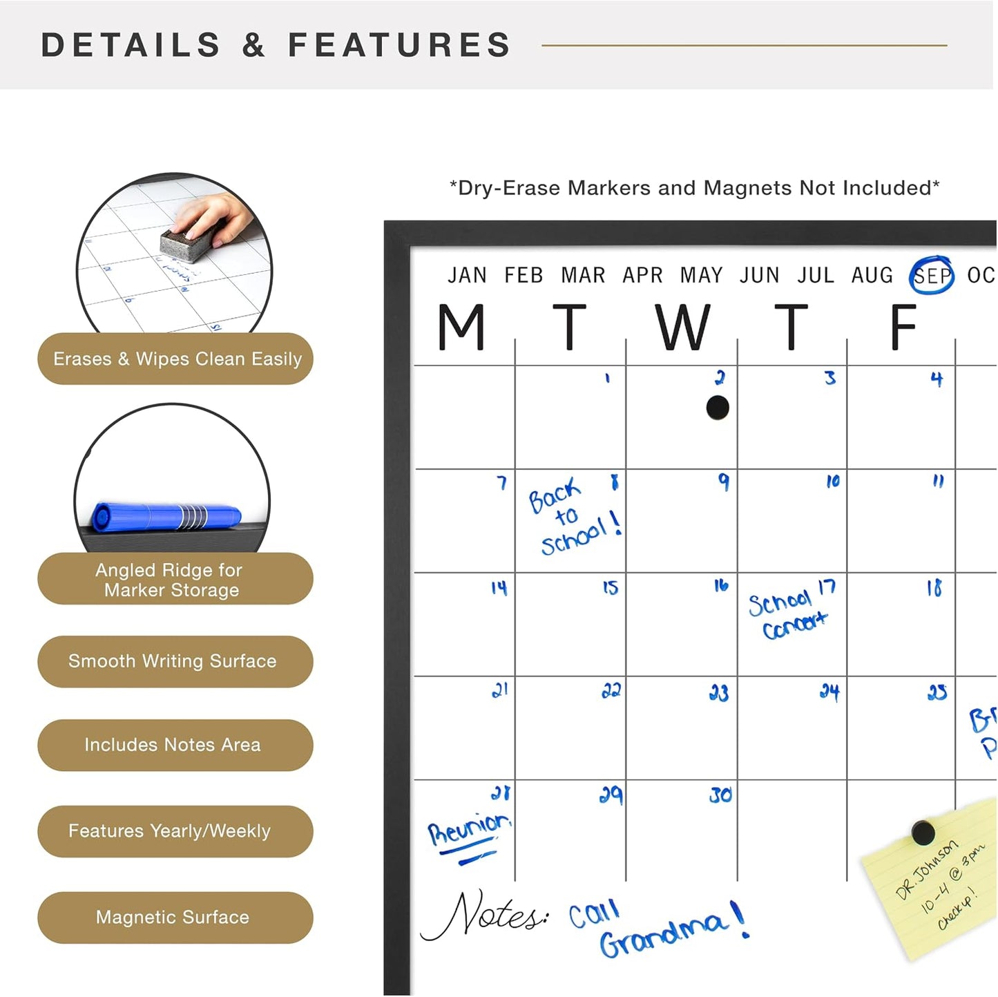 MCS Dry Erase Weekly Meal Planner Black Framed Calander Whiteboard, 11x24 | Dry Erase Weekly Meal Planner Black Framed Calander Whiteboard Frame, 11x24 Inch