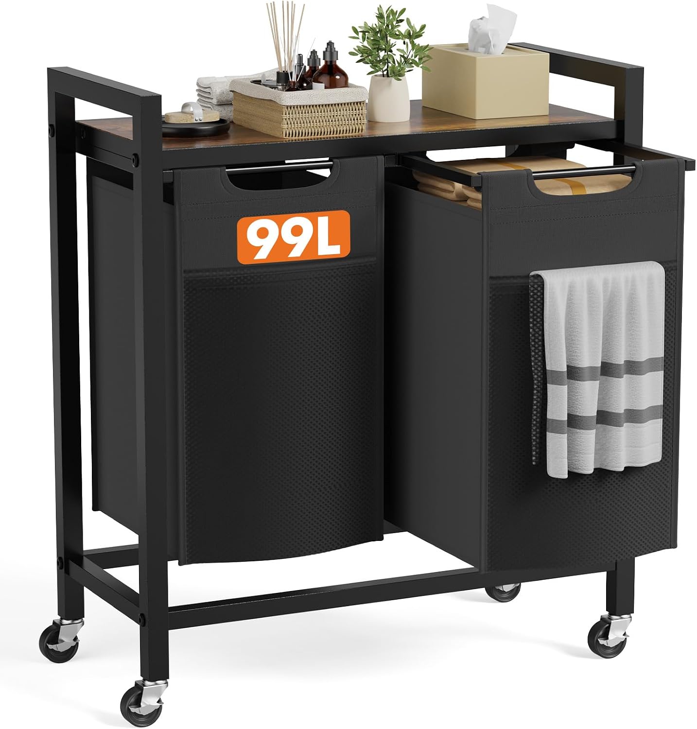 NEWBULIG Laundry Hamper Sorter with Wheels, Rolling Laundry Basket with Shelf & Removable Pull-Out Bag, Dirty Clothes Hamper for Room Organizer, 3 x 10.6 Gal (120L) - Rustic Brown and Black