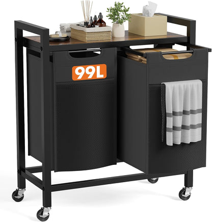 NEWBULIG Laundry Hamper Sorter with Wheels, Rolling Laundry Basket with Shelf & Removable Pull-Out Bag, Dirty Clothes Hamper for Room Organizer, 3 x 10.6 Gal (120L) - Rustic Brown and Black