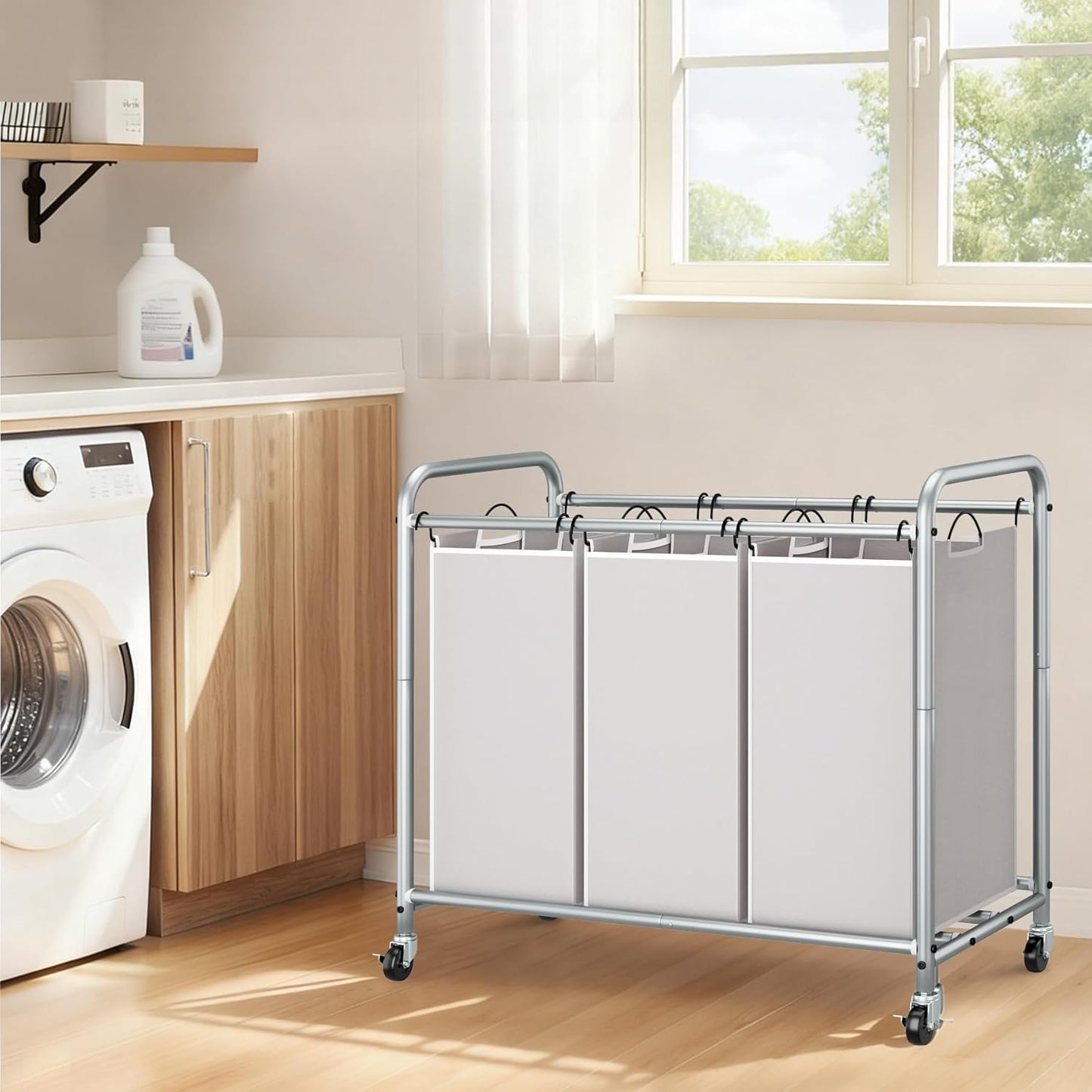 STORAGE MANIAC 3 Section Laundry Sorter, 35.6 Gal (135 L) Laundry Hamper Cart with Heavy Duty Rolling Lockable Wheels and Removable Bags, Clothes Organizer Basket Separator Hamper, Gray