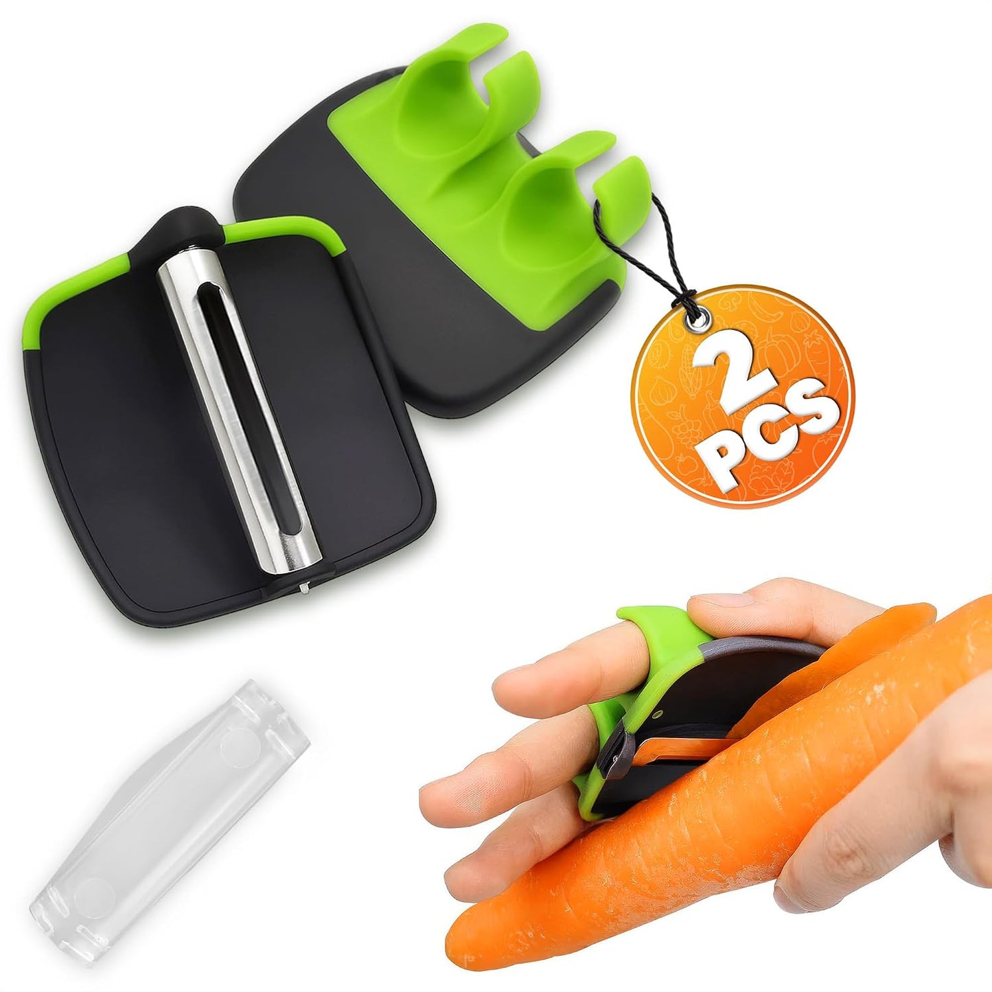 Palm Peeler for Vegetables with Double-Sided Stainless Steel Blades | Finger Potato Peeler for Kitchen, Suitable for Carrot and Fruits, Silicone Body, Non-Slip Grip, Blade Cover, Dishwasher Safe