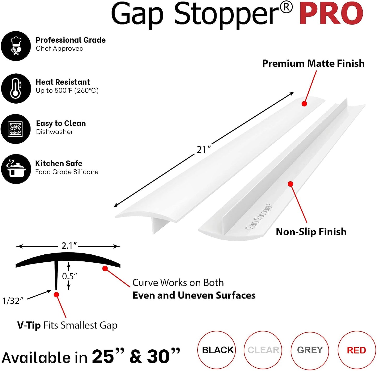 Gap Stopper® Pro - 21" Gray, Professional Grade, FDA Heavy 8.6 oz Silicone, Set of 2, Covers Gap between Stove & Countertops