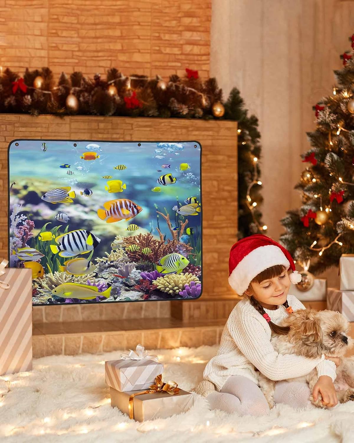 Coastal Magnetic Fireplace Cover, Fireplace Draft Blocker, Fish Nautical Summer Beach Ocean Fireplaces Blanket for Heat Loss/Cold Air, Fireplaces Draft Stopper Cover for Inside 45"x34"