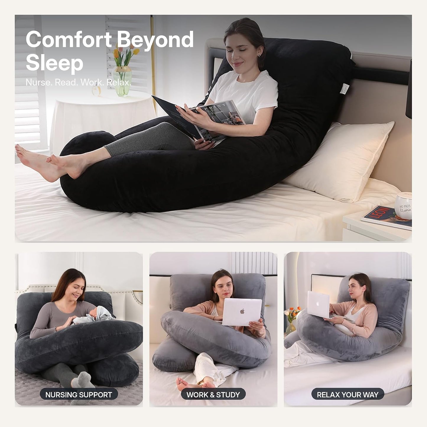 ALLOPERA Pregnancy Pillows for Sleeping, 57-Inch U-Shaped Full Body Maternity Pillow with Adjustable Fill and Removable Washable Cover, Back, Belly, Hip and Leg Support for Pregnant Women, Black Grey
