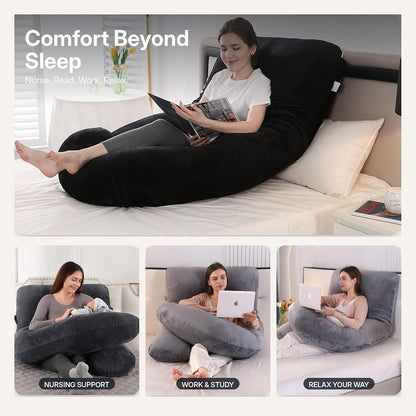 ALLOPERA Pregnancy Pillows for Sleeping, 57-Inch U-Shaped Full Body Maternity Pillow with Adjustable Fill and Removable Washable Cover, Back, Belly, Hip and Leg Support for Pregnant Women, Black Grey