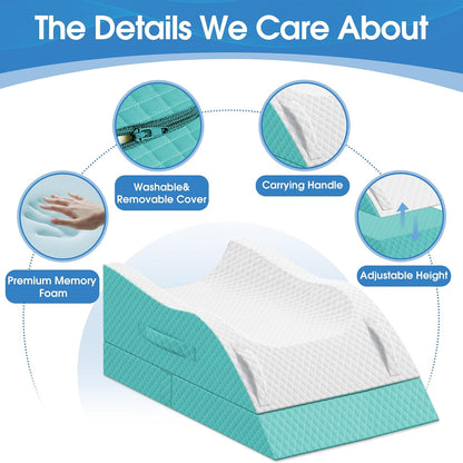 TranquilRelax Leg Elevation Pillows for After Surgery, Wedge Pillow, Grey | Memory Foam, All-around Knee & Ankle Support for Swelling, Height-adjustable, Nop-Slip Bottom, Washable Cover, Single-leg