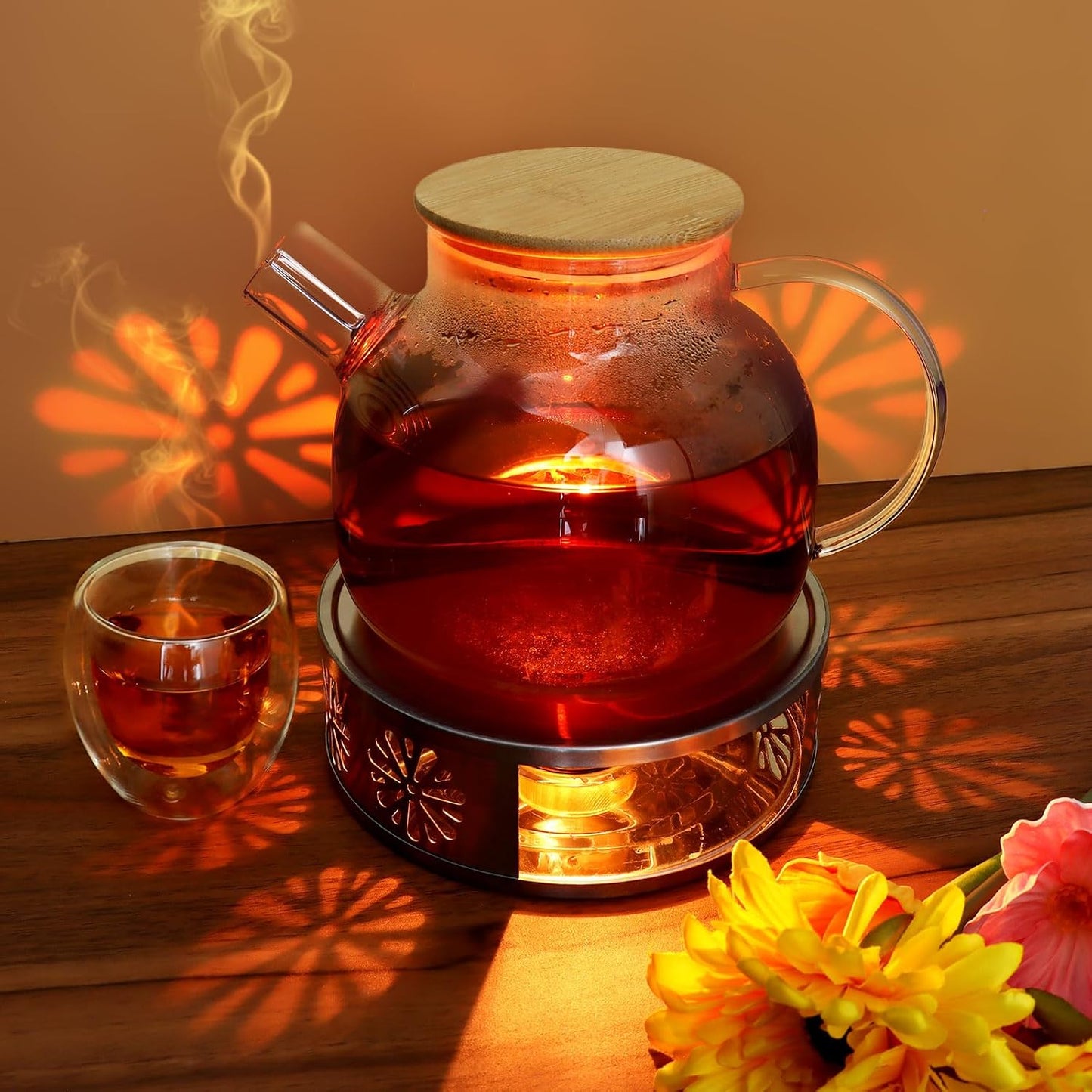 Tea Warmer Petals Silhouette, Silver Brushed Stainless Steel | Teapot Warmer Includes 1 Tealight Holder