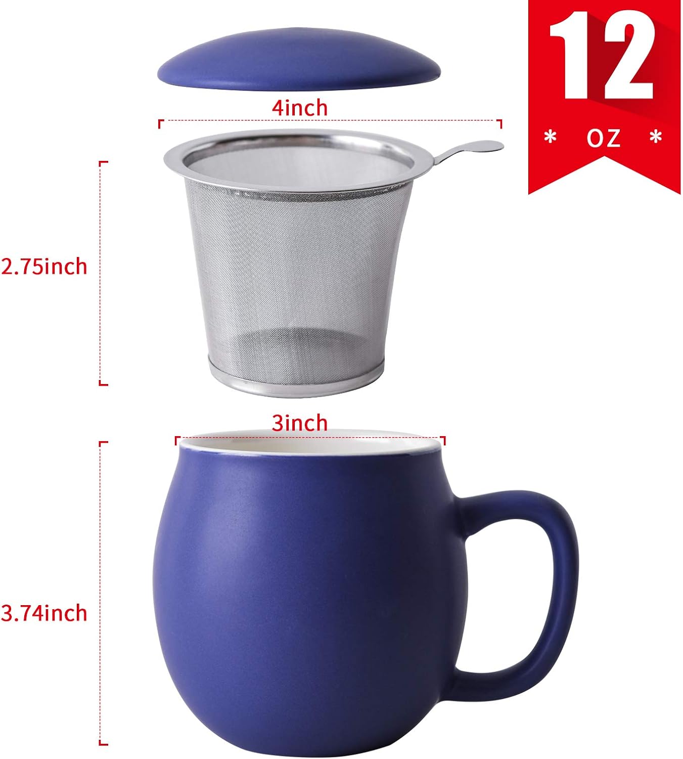 Yundu 12 OZ Matte Purple Ceramics Teacup with Infuser and Lid, Mug with Lid for Steeping - Stainless Steel Infuser for Loose Leaf Tea, Home Office Gift for Tea Lovers