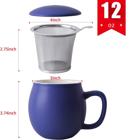 Yundu 12 OZ Matte Purple Ceramics Teacup with Infuser and Lid, Mug with Lid for Steeping - Stainless Steel Infuser for Loose Leaf Tea, Home Office Gift for Tea Lovers