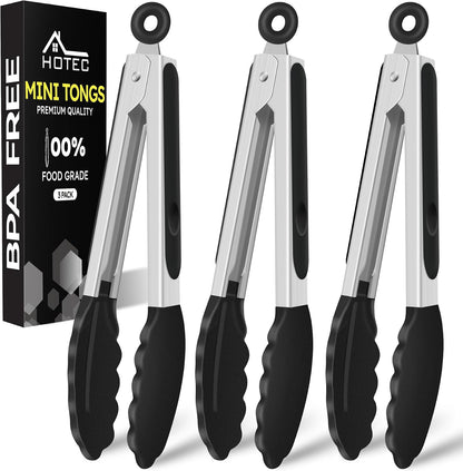 Hotec Mini Silicone Kitchen Tongs for Cooking - 7-Inch Small Serving Tongs with Silicone Tips, Set of 3 (Black,Grey,Light Blue)