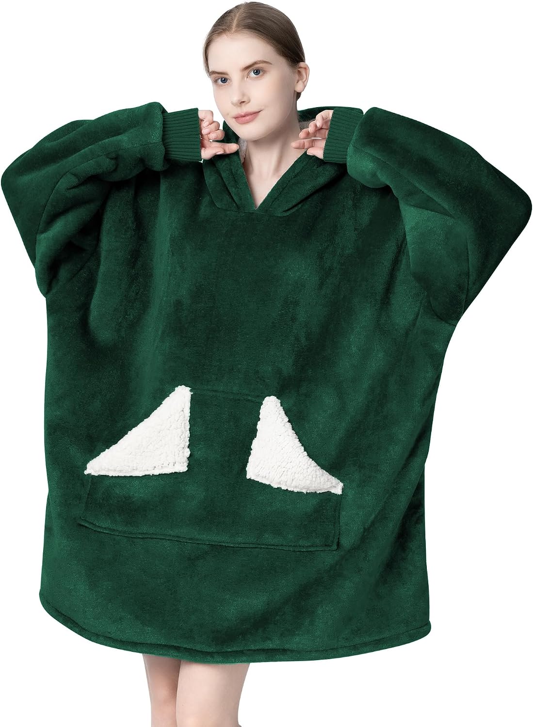Wearable Blanket Hoodie, Oversized Sherpa Fleece Sweatshirt Blanket with Giant Hood Pocket and Sleeves for Adult, Warm & Cozy Grey Blanket Gifts for Women