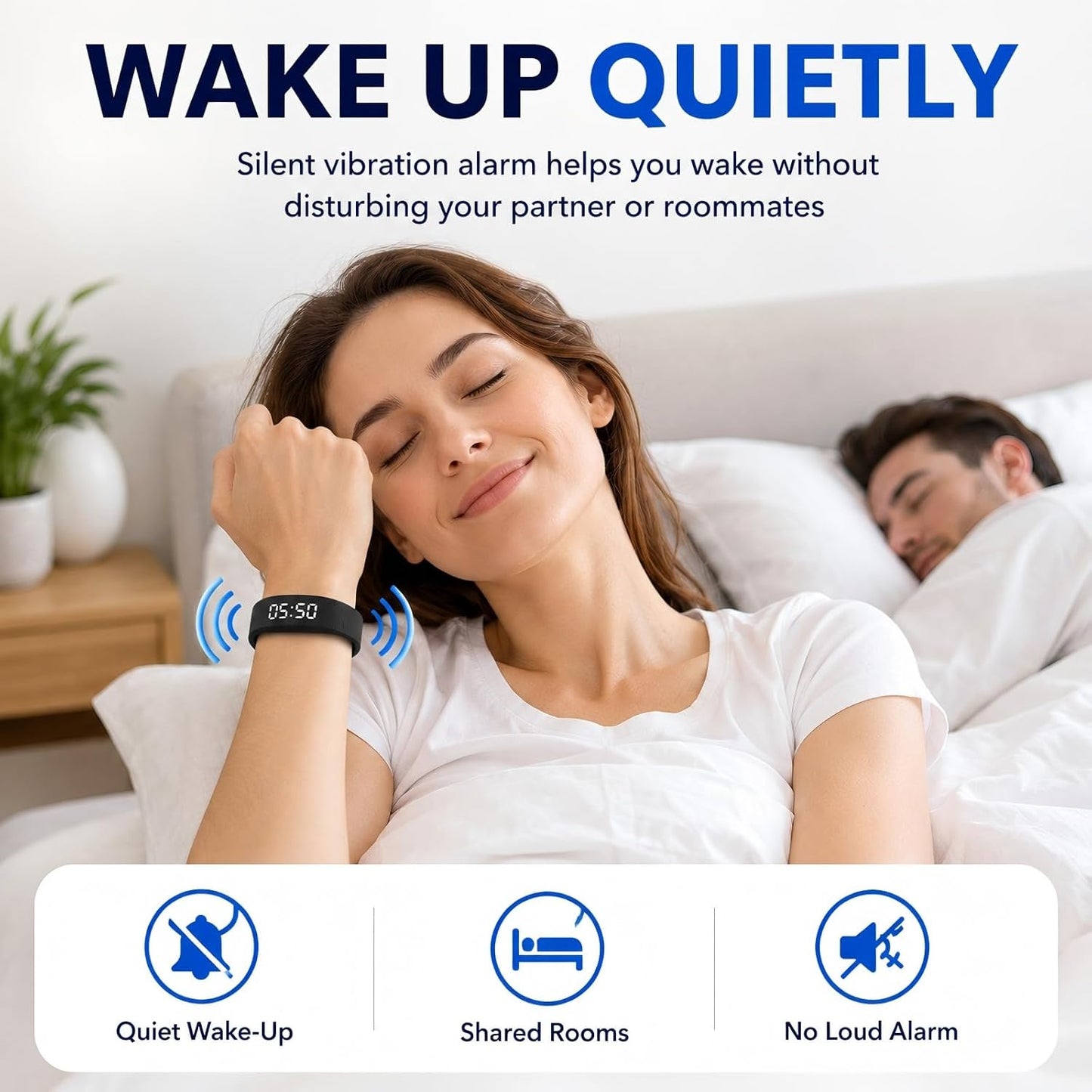 Vibrating Alarm Wristband for Heavy Sleepers with 3 Alarms | Silent Wrist Vibration / Ideal for Couples, Roommates and Shift Workers / Dorms and Travel