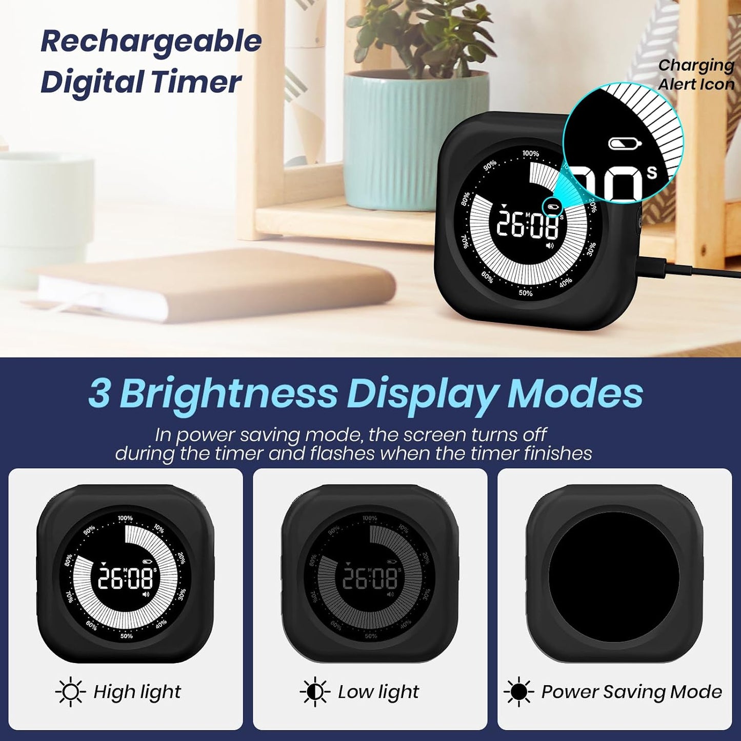PERSUPER Visual Timer for Kids, Rechargeable 10-Hour Countdown/Up Timer | with 3 Volume Levels, 3 Brightness Display, and Magnetic, Homeschool Study Tool, Large Digital Timers for Classroom, Kitchen