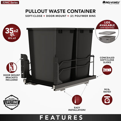 Rev-A-Shelf Double Pullout Trash Can w/Soft-Close Slides, 14.5" Min Opening | Large Capacity Garbage/ Recycling Waste Bins for Under Kitchen Cabinets, Heavy Gauge Wire Construction, 53WC-1835SCDM-211