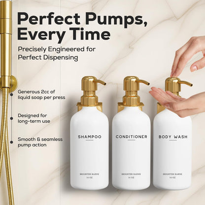 White Shampoo and Conditioner Dispenser Set Wall Mounted by Brighter Barns - Shower Dispenser 3 Chamber No Drill - Refillable Shampoo and Conditioner Bottles for Shower Wall in Airbnb, Hotel (White)
