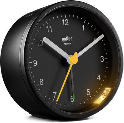 Braun Classic Analogue Alarm Clock with Snooze and Light, Quiet Quartz Movement, Crescendo Beep Alarm in Black, Model BC12B.